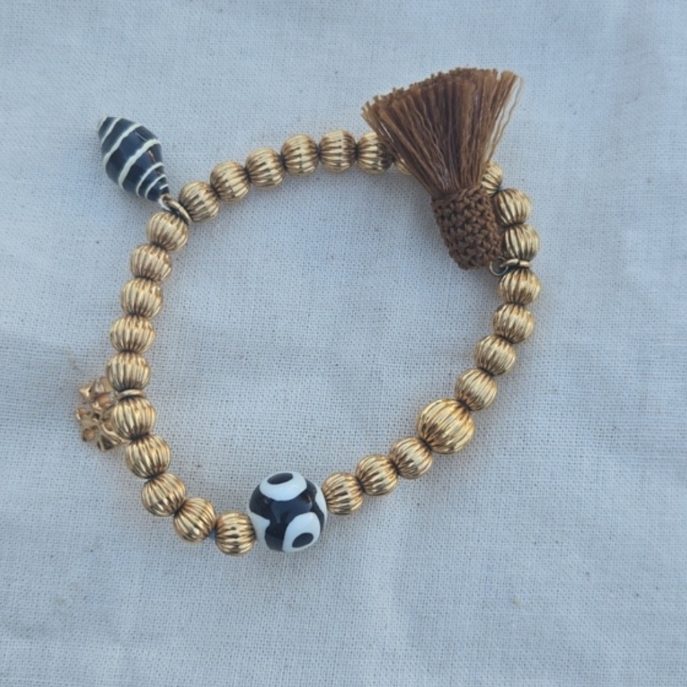 Tory Burch Roxanne Gold Beaded Stretch Bracelet w Evil Eye & Tassel Charm